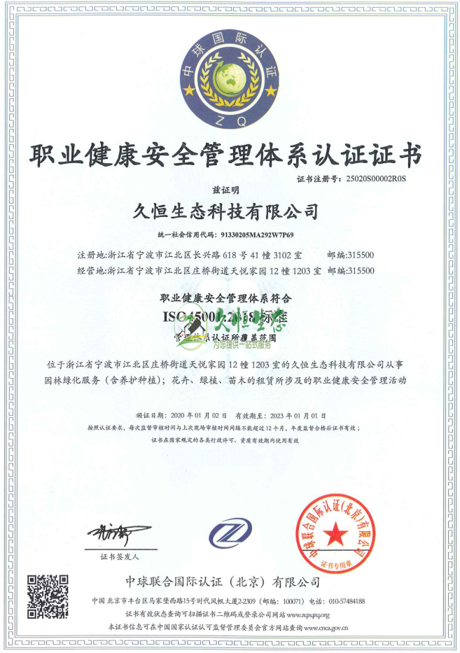 汉阳职业健康安全管理体系ISO45001证书